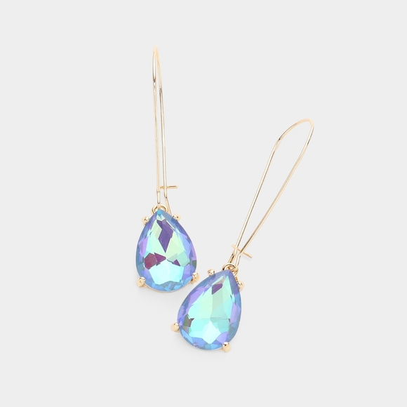 Blue Ab Teardrop Dangle Earrings 2" Stone Wire Simple Jewelry Gold Water Drop - Picture 1 of 2